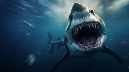 Agrresive Shark attack underwater on blurred background, open mouth with great teeth