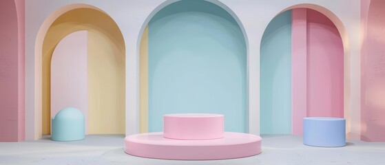 Soft pastel hues dominate the minimalist design, providing a soothing backdrop for the stage podium, product display background