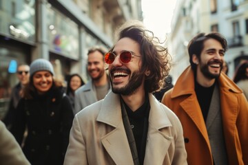 Handsome young man with long curly hair wearing sunglasses and coat walking in the city.