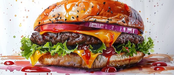 Hamburger A juicy burger with a sesame seed bun - obrazy, fototapety, plakaty