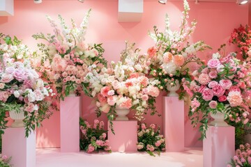 Fototapeta premium Lush floral arrangements enhance the pink plinth stage, offering an elegant and serene, product display background