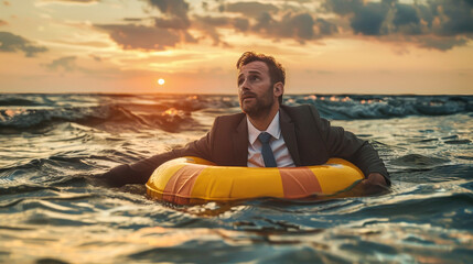 A businessman in a suit and tie is sitting on a raft in the ocean, holding onto a lifebuoy