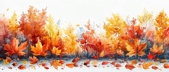 Naklejka na ściany i meble A collection of colorful autumn leaves scattered on a forest floor.watercolor storybook illustration