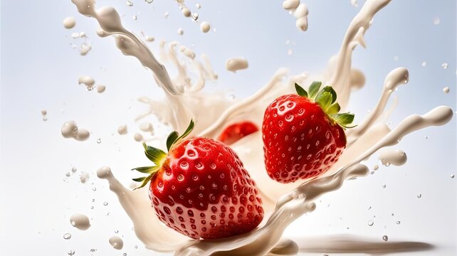 Strawberry berries in milk splash