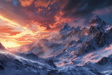 Obraz premium The panoramic view captures a 3D render of snowcapped mountains under a dramatic evening sky, Sharpen Landscape background
