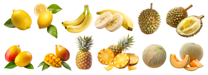 Collection of orange yellow fruits, lemon, banana, pineapple, mango, durian, cantaloupe, melon on transparent background cutout, PNG file. Mockup template for artwork design