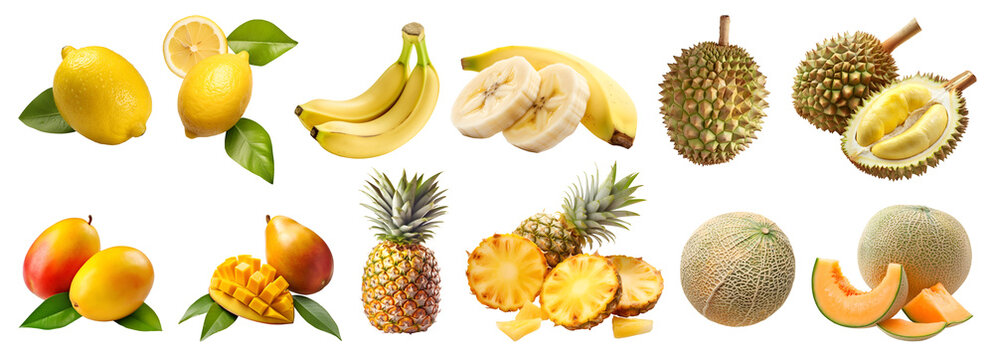 Collection of orange yellow fruits, lemon, banana, pineapple, mango, durian, cantaloupe, melon on transparent background cutout, PNG file. Mockup template for artwork design