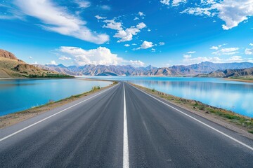 Asphalt road and lake with sky clouds natural scenery in Xinjiang, China - generative ai
