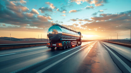 A large tanker truck, transporting industrial liquids, drives down a highway under a sunset, casting a golden glow on the surroundings