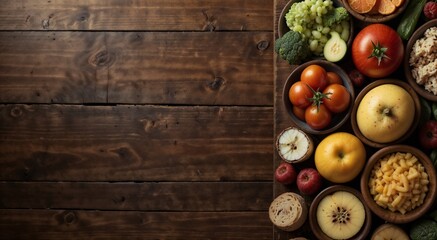 Fruits, vegetables on wooden background, banner