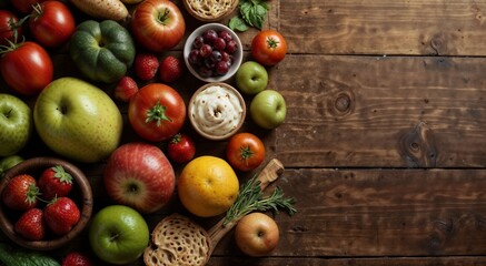 Fruits, vegetables on wooden background, banner