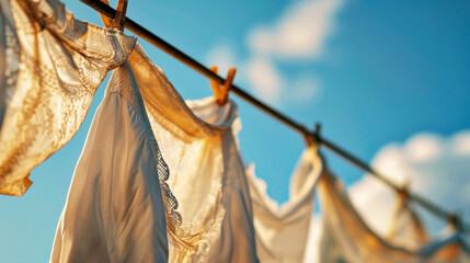 Vibrant, various pieces of laundry gracefully swaying in the wind on a clothesline