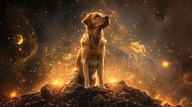 Retriever on a Cosmic Rock: A Golden Dog Seated in a Starry Universe, Glowing Galaxies in the Background, Representing Tranquility and Companionship