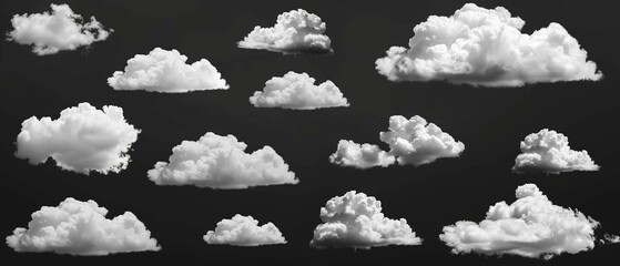 Collection of white clouds in assorted sizes against black