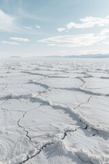 Vast expanse of salt flats, with their cracked and textured surface forming intricate patterns that stretch to the distant horizon