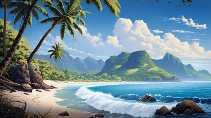 Tropical beach with coconut palm trees. Sea or ocean background