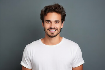 Obraz premium Smiling Young Man in a White T-Shirt on Grey Background, Casual Portrait