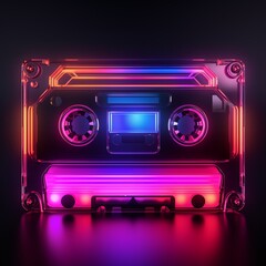 Retro audiocassette. Neon audio cassette. Old-school nostalgia concept