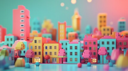Fototapeta premium 3D render mini town illustration 16K cute landscape aspect ratio 2:1 pastel color, happy color, for kids banner, kids event