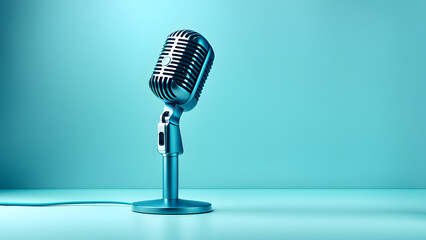 A microphone is on a table with a blue background