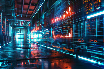 Futuristic stock exchange scene with chart, numbers and BUY and SELL options (3D illustration)