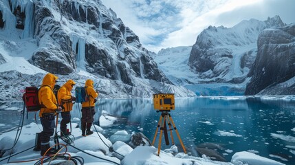 A glacier monitoring station tracking ice melt and movement, Scientists studying glacier dynamics - obrazy, fototapety, plakaty