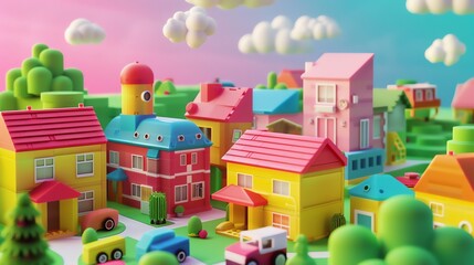  3D render mini town illustration 16K cute landscape aspect ratio 2:1 pastel color, happy color, for kids banner, kids event