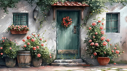 Fototapeta na wymiar Floral Cottage Charm, A charming cottage adorned with fresh roses evokes a storybook setting.