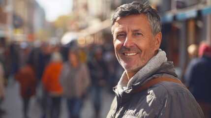 Fototapeta premium Smiling middle-aged man in casual attire with people crowd on background early morning