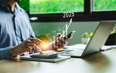 business goals trends 2025. analytical businessperson planning business growth 2025, strategy...