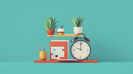 A colorful and cheerful representation of a well-organized desk with a clock, plants, and stationery