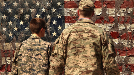 Soldiers and the Flag, Two soldiers standing in front of a weathered American flag mural, contemplating.