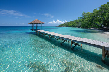 Fototapeta premium Tropical Wooden Pier, Pristine turquoise waters and a serene wooden pier leading to a tranquil gazebo, in a tropical setting.