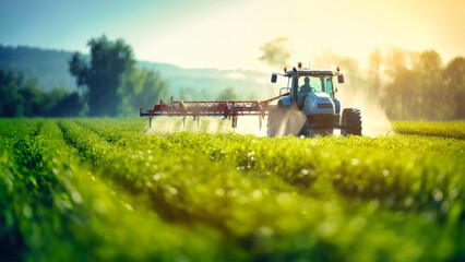 Fototapeta premium A vibrant tractor gracefully maneuvers through a lush field of vibrant green grass