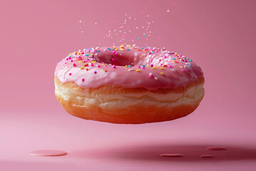 Levitating pink donut on pink background