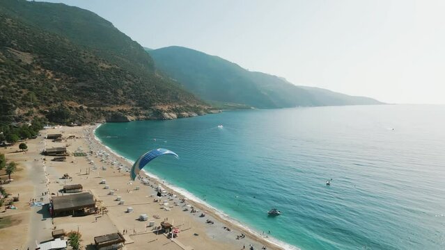 Oludeniz, Turkey, Fethiye. Beach. Paraglider. Paraplane. Drone view.