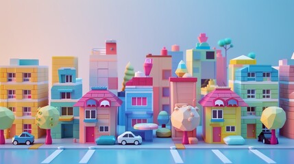  3D render mini town illustration 16K cute landscape aspect ratio 2:1 pastel color, happy color, for kids banner, kids event - obrazy, fototapety, plakaty