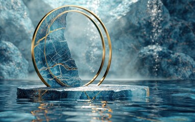 Elegant blue marble stone podium pedestal with a golden ring on calm water and glacier background. 3D mockup product display podium