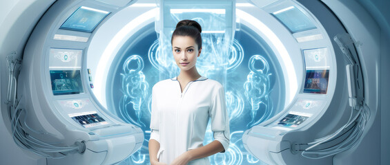 Doctor woman in a modern bright room in a medical hospital with modern equipment, new technologies.