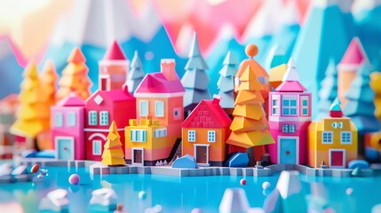 Fototapeta premium 3D render mini town illustration 16K cute landscape aspect ratio 2:1 pastel color, happy color, for kids banner, kids event
