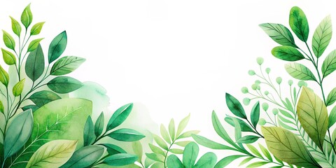 watercolor green leaves on white background with copy space area for text