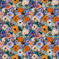 Floral embroidery from knitting wool, yarn, seamless pattern.