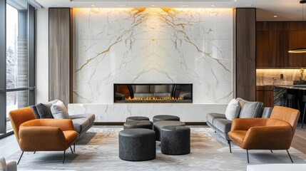 Fototapeta premium The fireplace feature wall exudes elegance with its marble facade its intricate detailing adding a touch of luxury to the modern lounge. 2d flat cartoon.