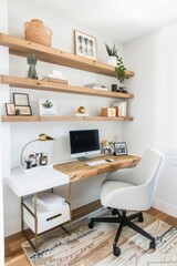 Wander into a minimalist home office with a minimalist desk, a comfortable ergonomic chair, and floating shelves, Generative AI