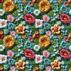 Floral embroidery from knitting wool, yarn, seamless pattern.