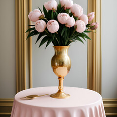 Gold-rimmed glass vase with a bouquet of soft pink peonies, placed on a tea table with golden traits