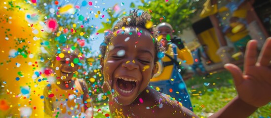 Joyful Child Playing with Colorful Confetti Outdoors.