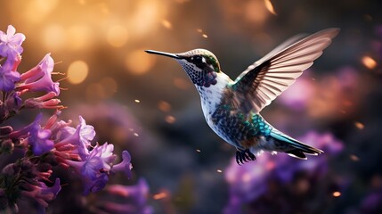 Beautiful hummingbird flying near flowers