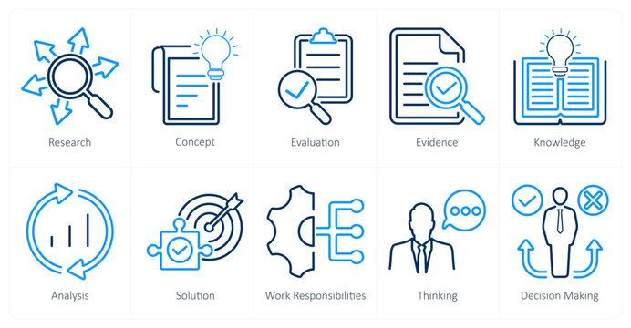A set of 10 critical thinking icons as research, evaluation, evidence