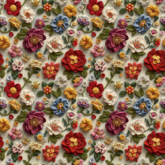 Floral embroidery from knitting wool, yarn, seamless pattern.